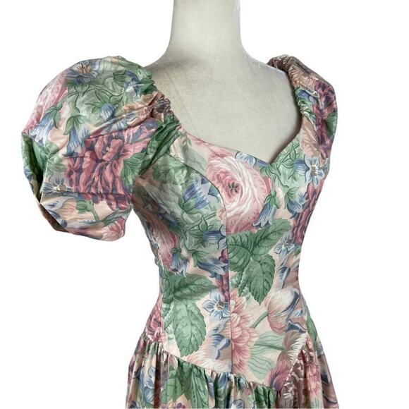 Vintage House of Bianchi Floral Victorian Prairie Midi Puff Sleeve Corset Dress - Picture 10 of 15